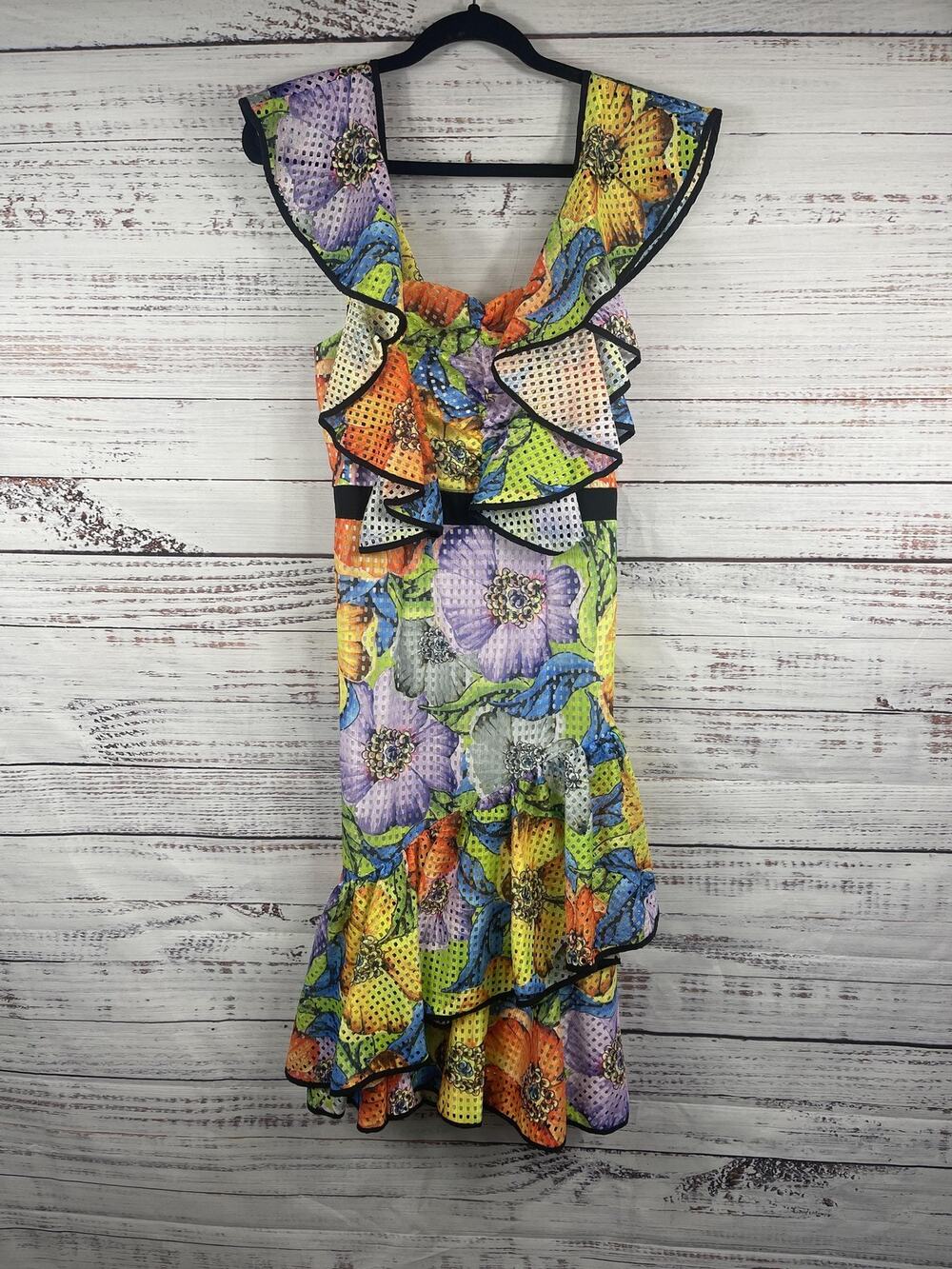 Cq By Cq Dress Women's Small Multicolor Floral Mesh Ruffle Fit Flare Sundress
